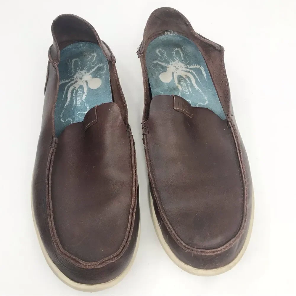 OluKai NALUKAI Brown Leather Slip On Casual Loafers